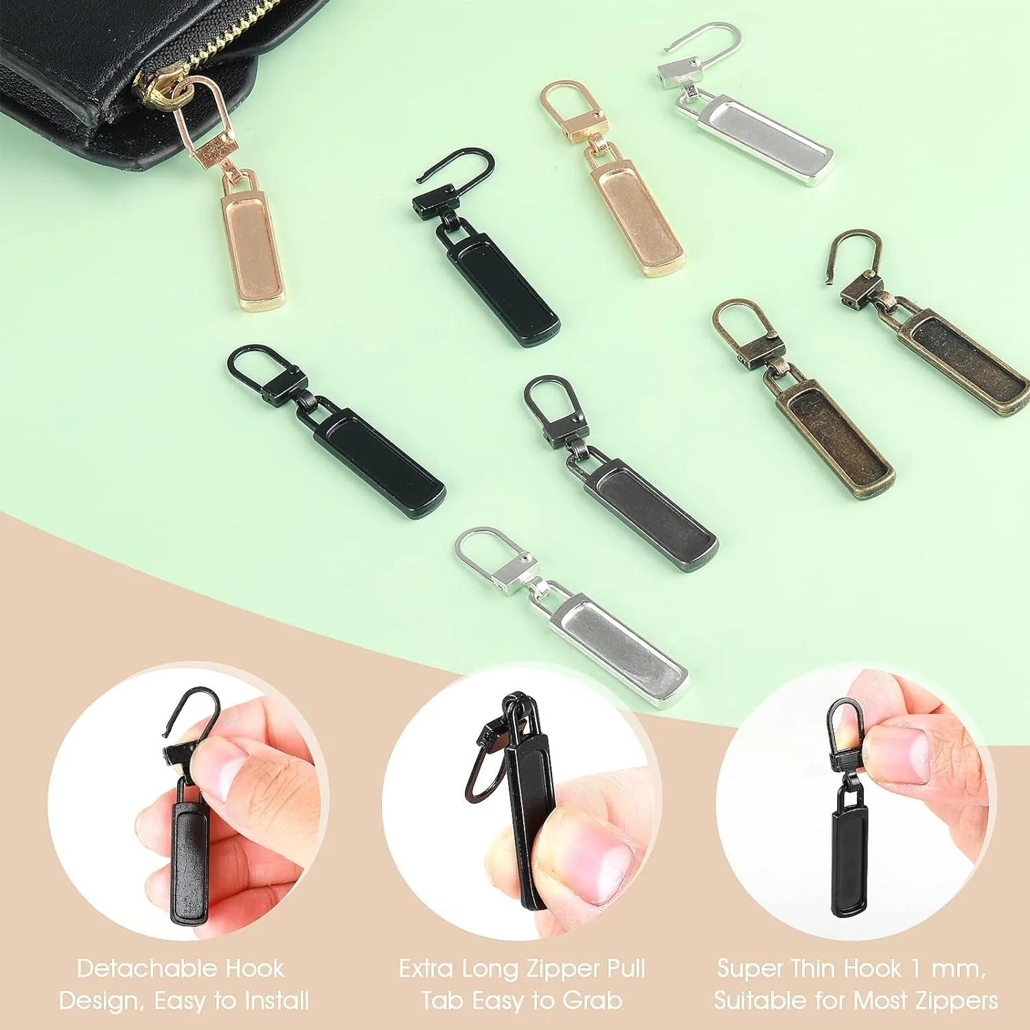 10 PCS Replacement Zipper Pull Detachable Metal Zipper Pulls Repair Golf Bag Zipper Pull Replacement Tab for Luggage Clothing Jackets Jeans Backpacks Boots Dresses Purse Coat(Universal Extender)