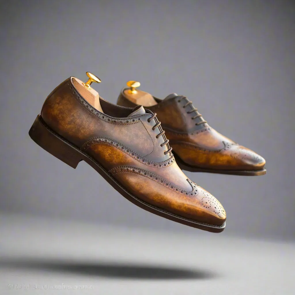 Ambrogio Bespoke Custom Men's Shoes Cognac & Brown Patina Leather Wingtip Oxfords (AMB1875)