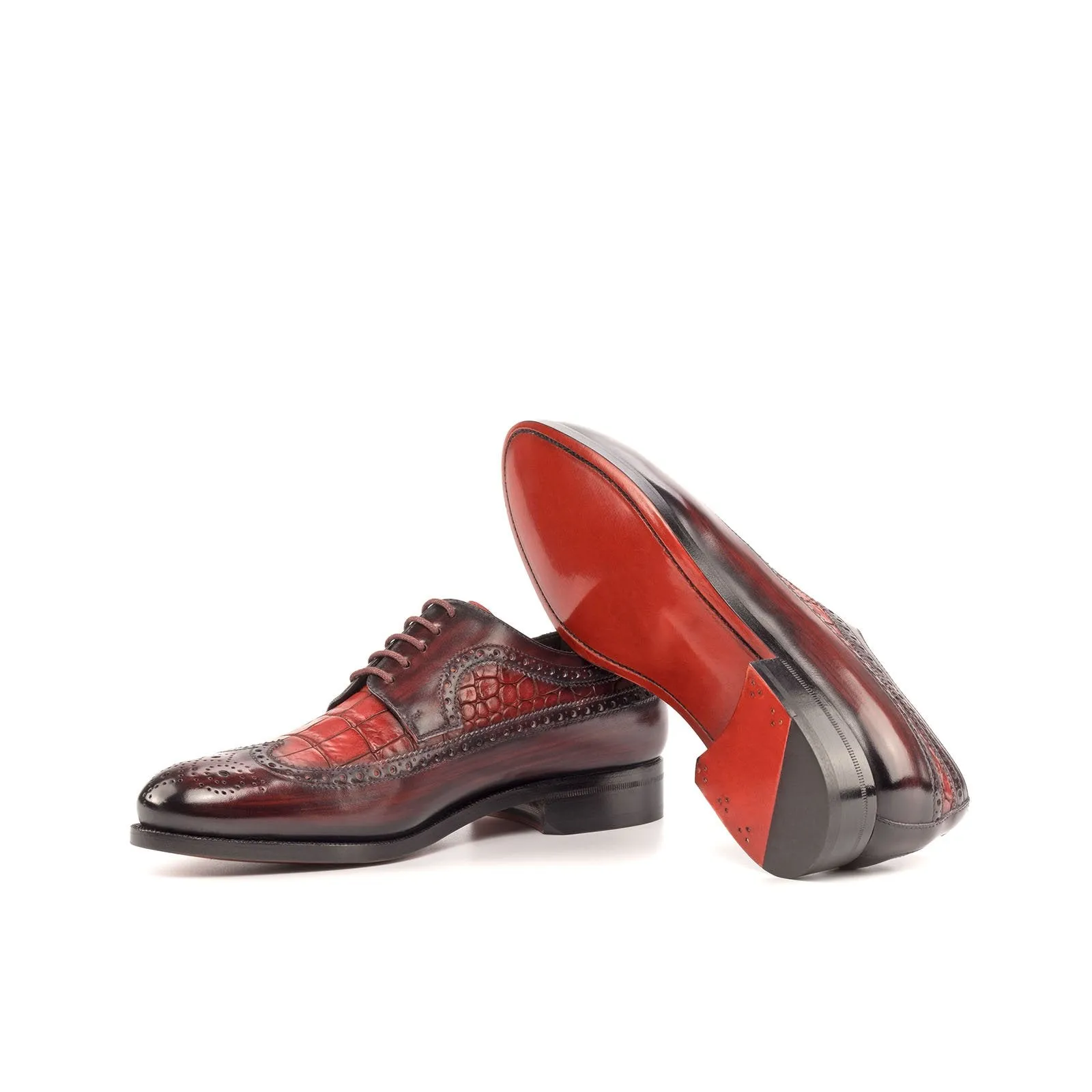 Ambrogio Bespoke Men's Shoes Burgundy & Red Crocodile Print / Patina Leather Longwing Blucher Oxfords (AMB2243)