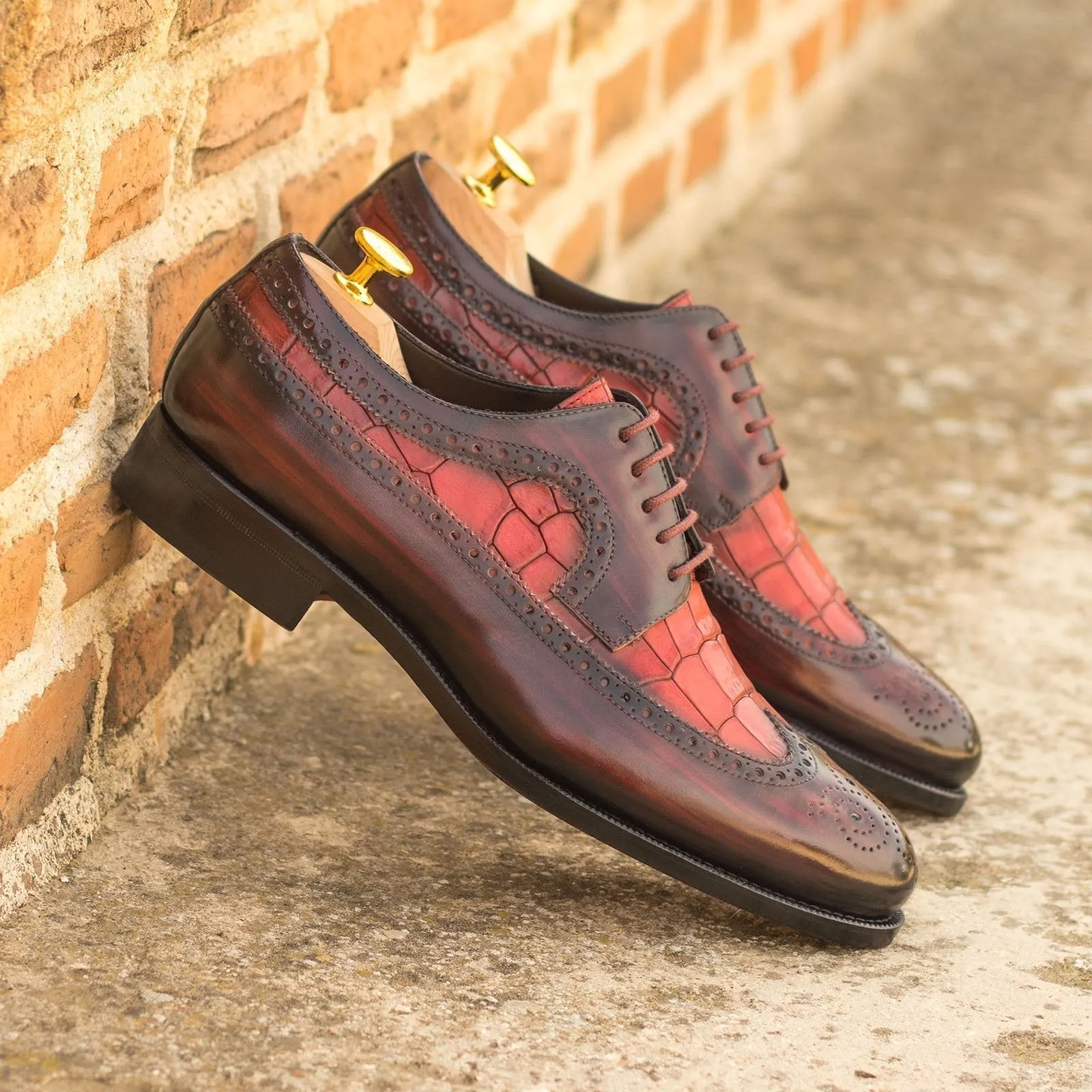 Ambrogio Bespoke Men's Shoes Burgundy & Red Crocodile Print / Patina Leather Longwing Blucher Oxfords (AMB2243)