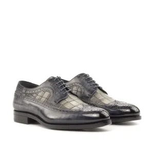 Ambrogio Bespoke Men's Shoes Gray Crocodile Print / Patina Leather Longwing Blucher Oxfords (AMB2244)