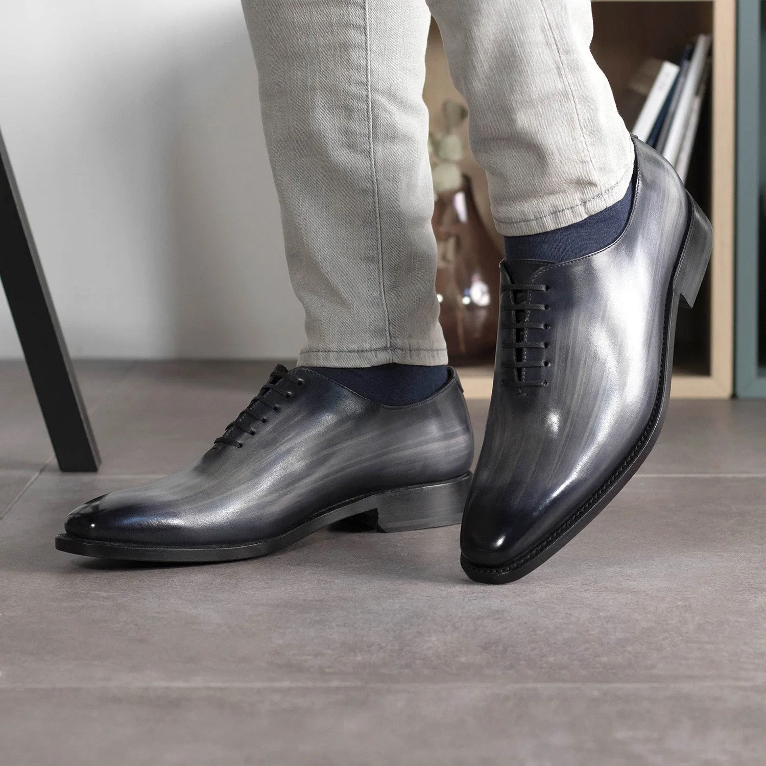 Ambrogio Bespoke Men's Shoes Gray Patina Leather Whole Cut Oxfords (AMB2452)