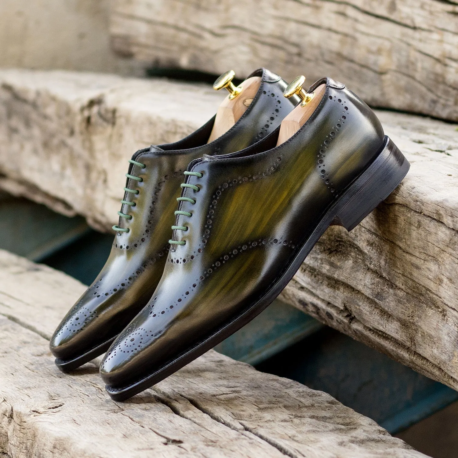 Ambrogio Bespoke Men's Shoes Olive Patina Leather Whole-cut Oxfords (AMB2423)