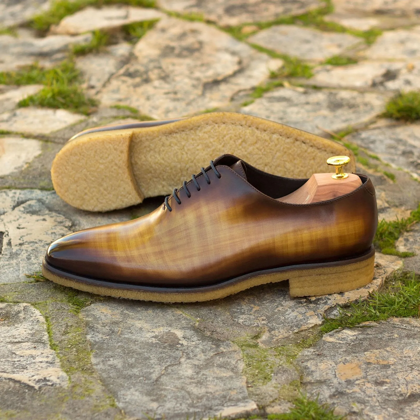 Ambrogio Men's Handmade Custom Made Shoes Cognac & Burgundy Patina Leather Whole-Cut Plain Oxfords (AMB1127)