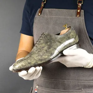 Ambrogio Men's Handmade Custom Made Shoes Light Gray Cartography Texture Print / Marble Patina Leather Wholecut Oxfords (AMB1641)