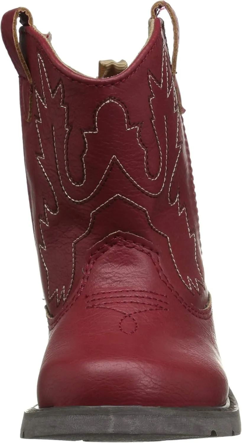 Baby Deer, Faux-leather, Rubber-soled, Kids Round Toe Western Boot for Toddler Boys or Girls with Ornamental Cowboy Stitching and Hook-and-loop Closure