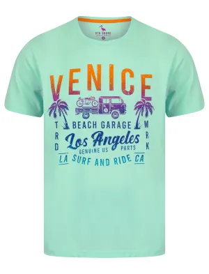 Beach Garage Motif Cotton Jersey T-Shirt in Blue Tint - South Shore
