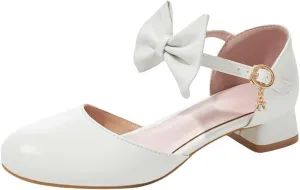 Big Girls Mary Jane Dress Shoes Low Heels Leather Flower Party Wedding Princess Girls Sandals for (White, 3 Big Kids)