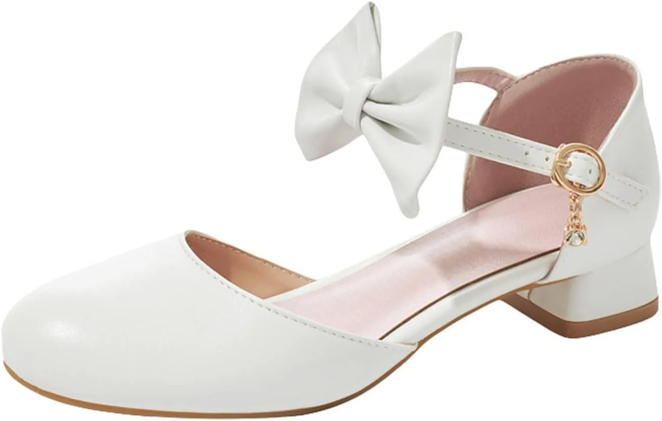 Big Girls Mary Jane Dress Shoes Low Heels Leather Flower Party Wedding Princess Girls Sandals for (White, 3 Big Kids)