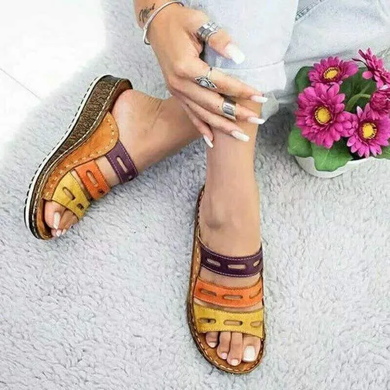 Chicvane Color Block Slides Shoes Round-toe Hollow Out Wedge Sandals