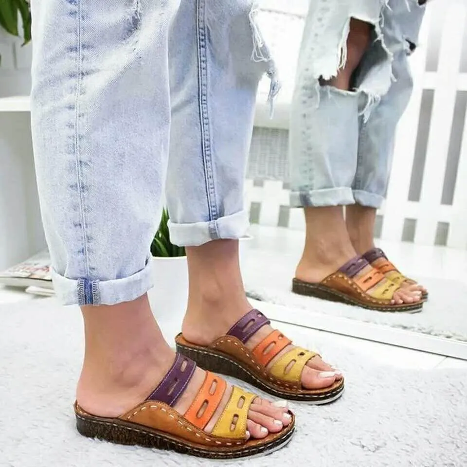 Chicvane Color Block Slides Shoes Round-toe Hollow Out Wedge Sandals