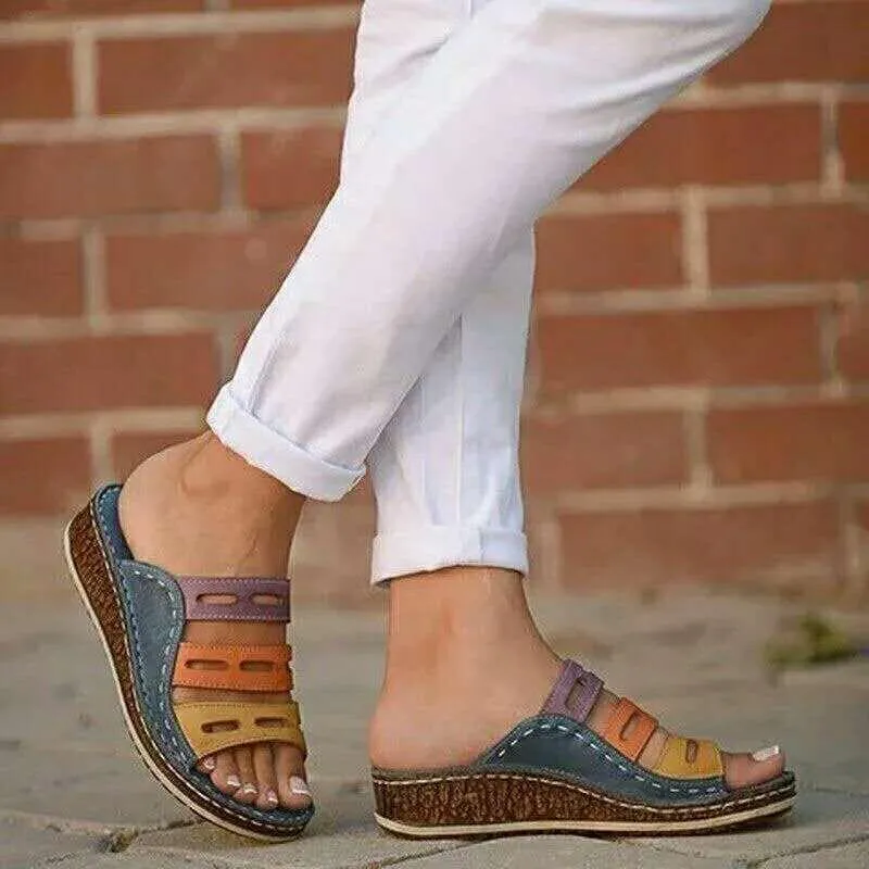 Chicvane Color Block Slides Shoes Round-toe Hollow Out Wedge Sandals
