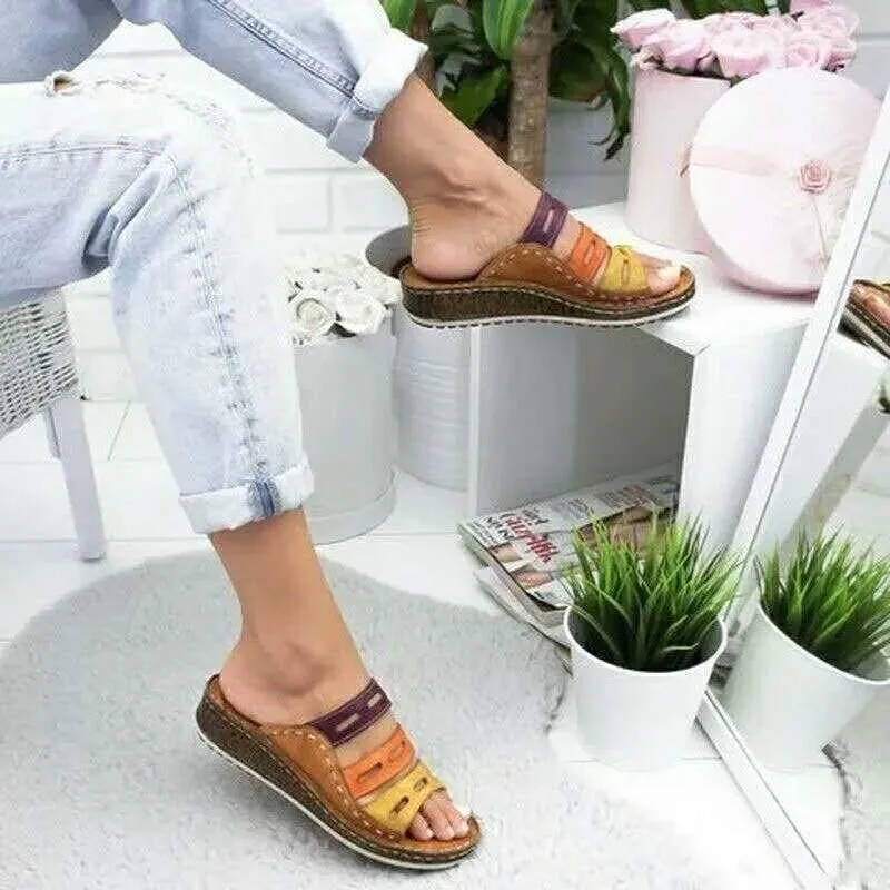 Chicvane Color Block Slides Shoes Round-toe Hollow Out Wedge Sandals