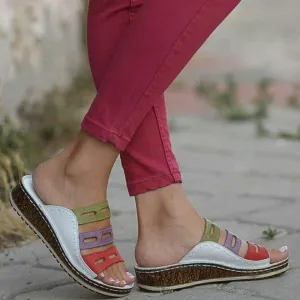 Chicvane Color Block Slides Shoes Round-toe Hollow Out Wedge Sandals