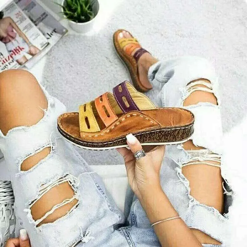 Chicvane Color Block Slides Shoes Round-toe Hollow Out Wedge Sandals