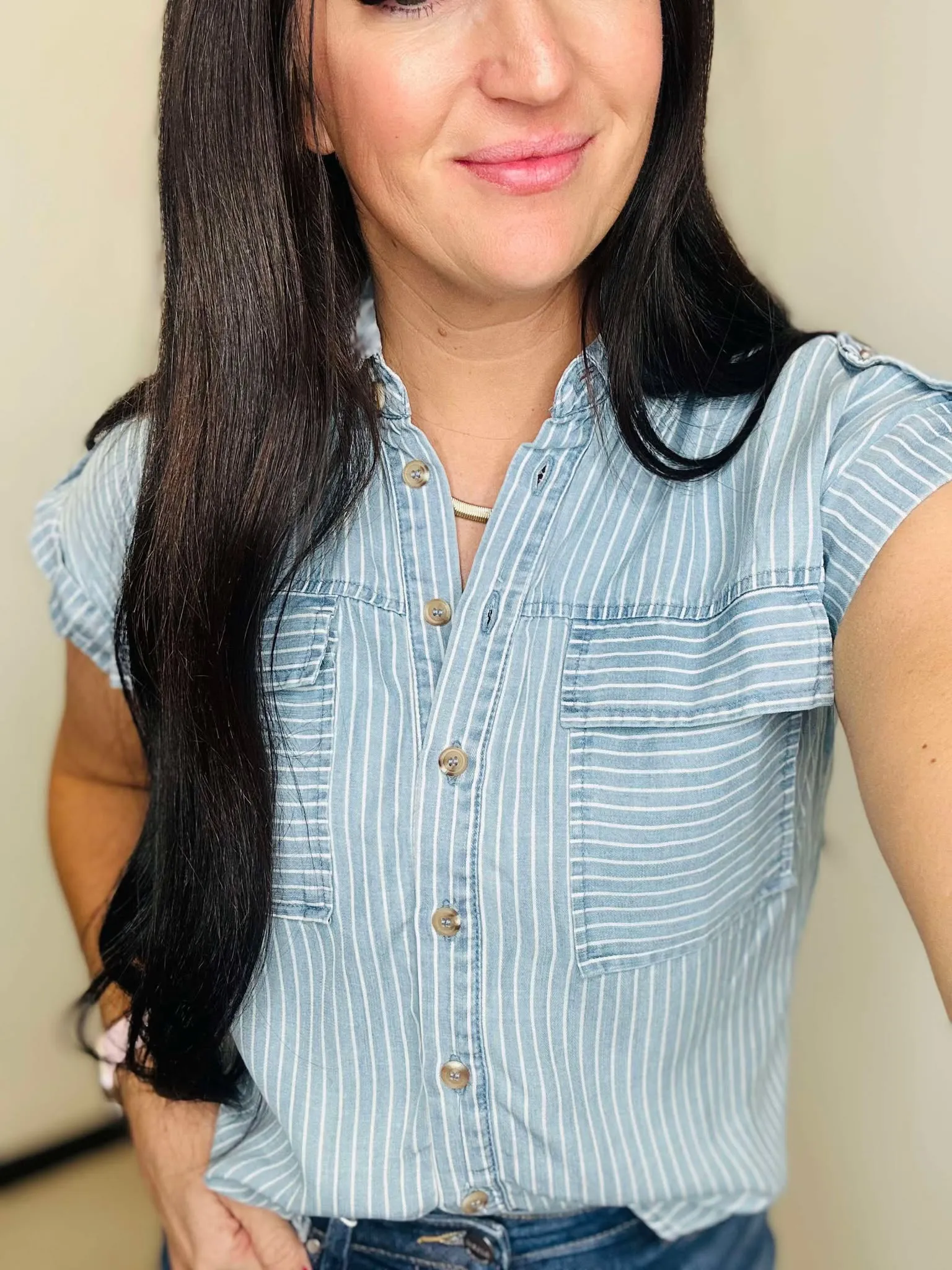 Ciara Pinstriped Chambray Denim Blouse
