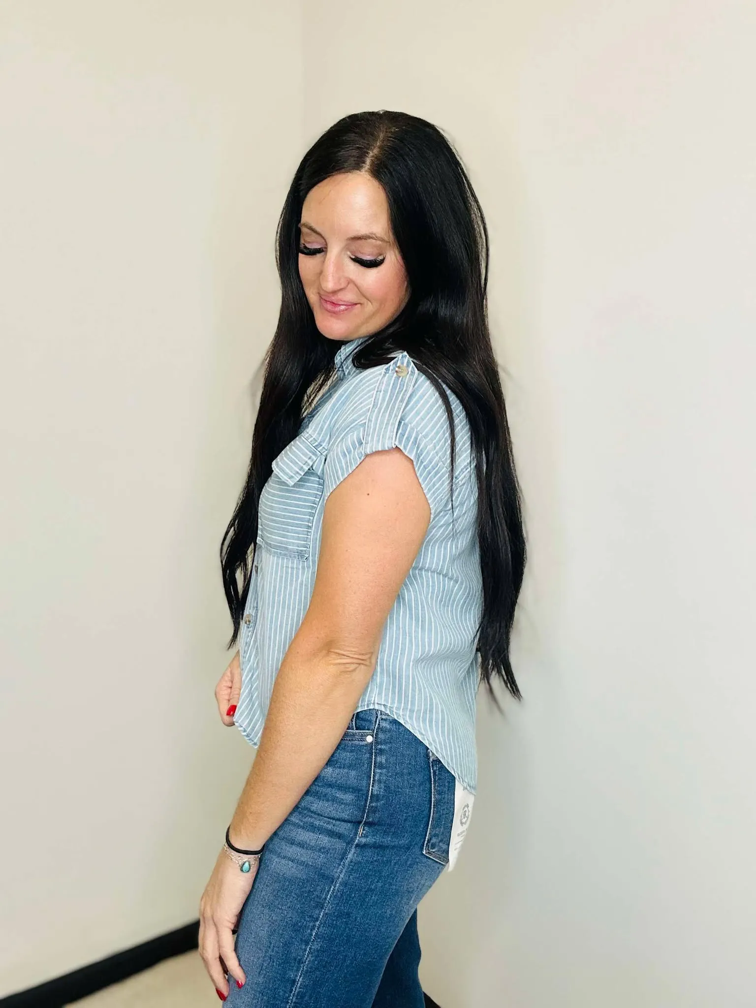 Ciara Pinstriped Chambray Denim Blouse