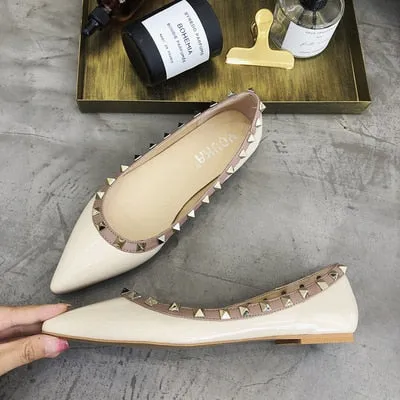 classics brand women flat shoes rivets wedding shoes patent leather black nude shoes pointed toe flat shoes