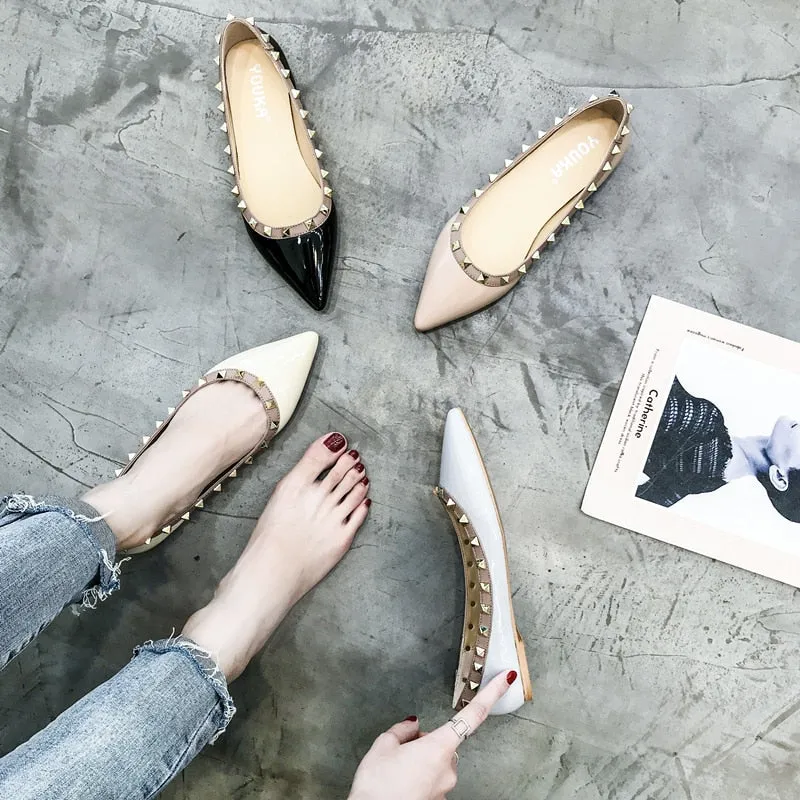 classics brand women flat shoes rivets wedding shoes patent leather black nude shoes pointed toe flat shoes