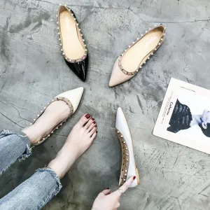 classics brand women flat shoes rivets wedding shoes patent leather black nude shoes pointed toe flat shoes