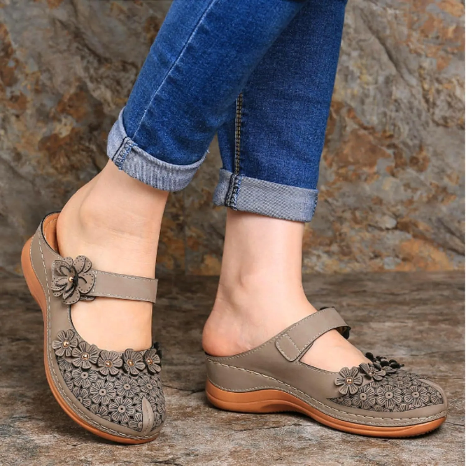 Clogs for Women Mules Shoes Comfortable Dressy Summer Closed Toe Wedge Sandals Fashion Hook and Loop Fastener Slipper Backless Low Wedge Slip On Shoes