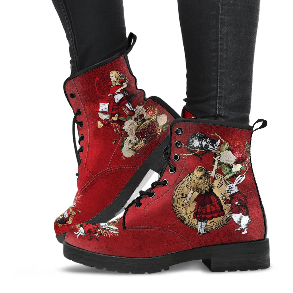Combat Boots - Alice in Wonderland Gifts #113 Red Series, Birthday Gifts, Gift Idea, Women's Boots, Custom Shoes Boho, Aesthetic Shoes