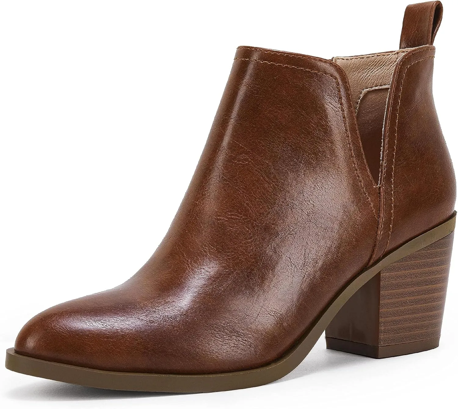 Coutgo Womens Cut Out Ankle Boots Chunky Stacked Heel Almond Toe Slip on Western Booties