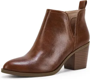 Coutgo Womens Cut Out Ankle Boots Chunky Stacked Heel Almond Toe Slip on Western Booties