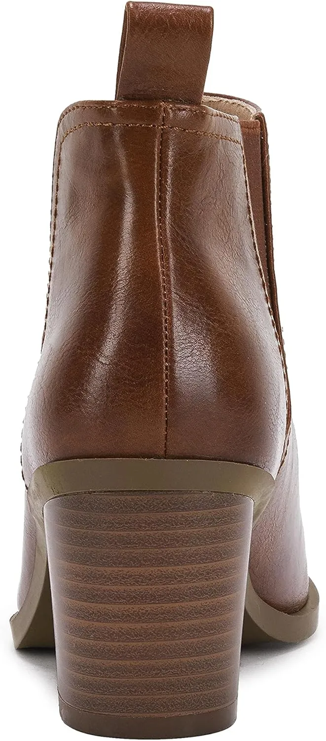 Coutgo Womens Cut Out Ankle Boots Chunky Stacked Heel Almond Toe Slip on Western Booties