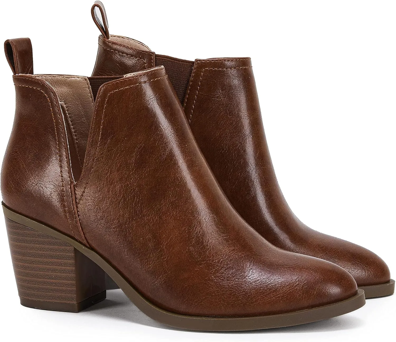 Coutgo Womens Cut Out Ankle Boots Chunky Stacked Heel Almond Toe Slip on Western Booties