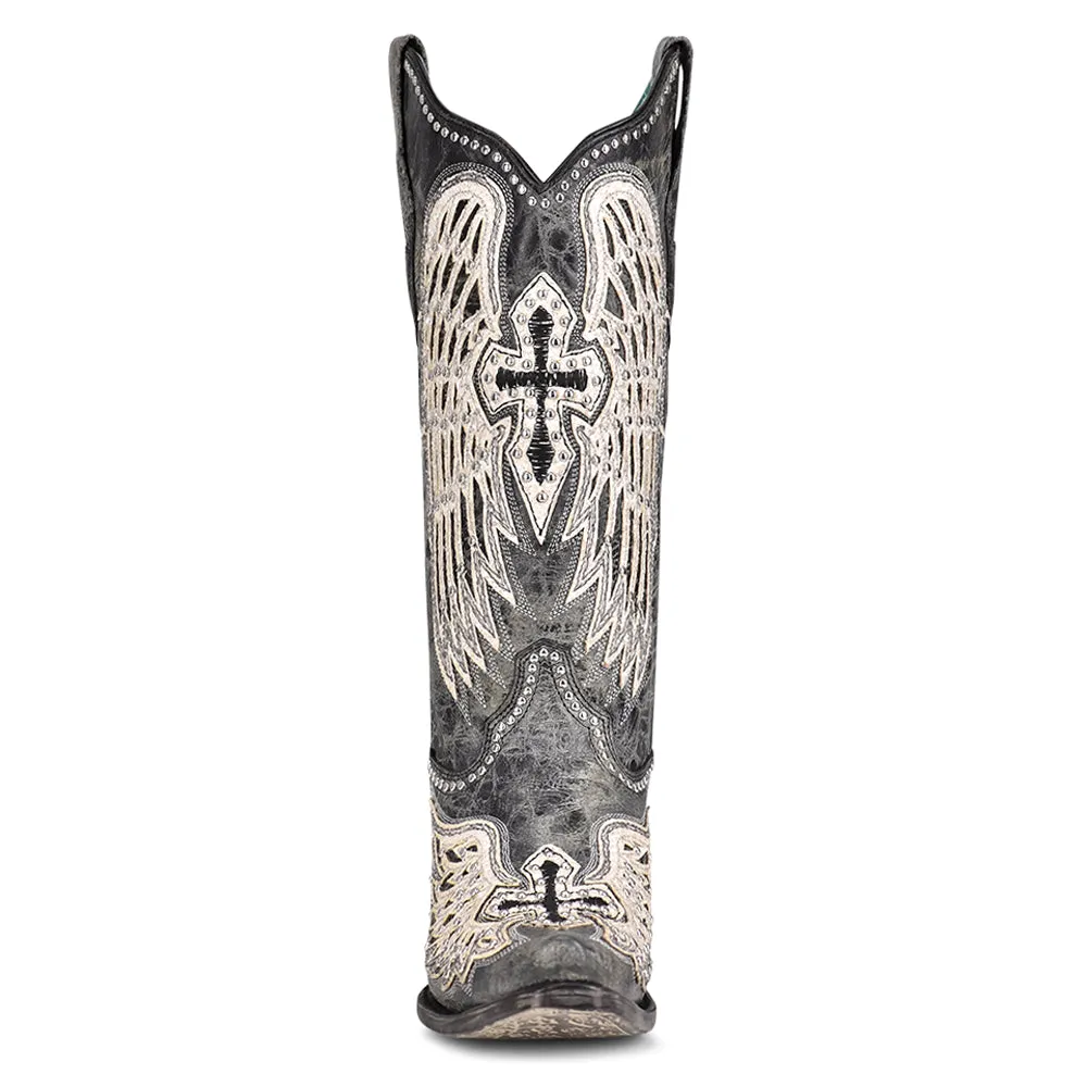Cross and Wings Overlay Studded Snip Toe Cowboy Boots