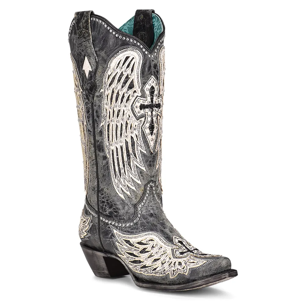 Cross and Wings Overlay Studded Snip Toe Cowboy Boots