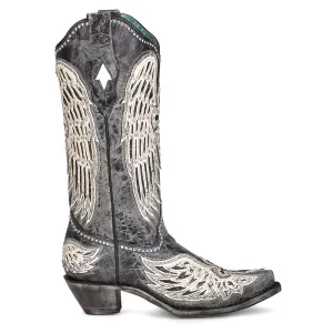 Cross and Wings Overlay Studded Snip Toe Cowboy Boots