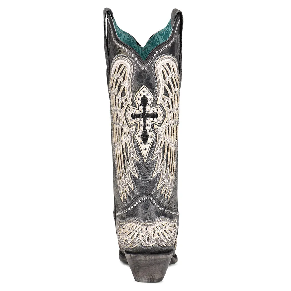 Cross and Wings Overlay Studded Snip Toe Cowboy Boots