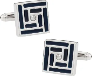 Cuff-Daddy Navy Maze Silver Cufflinks with Crystal Center with Presentation Box