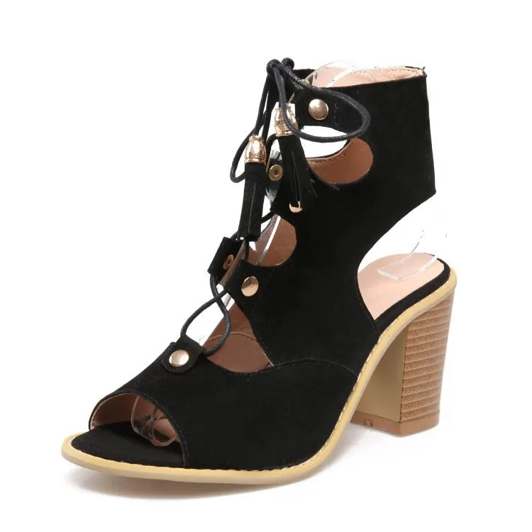 Cut Out Lace Tassels Peep Toe High Chunky Heels Sandals