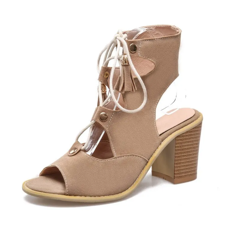 Cut Out Lace Tassels Peep Toe High Chunky Heels Sandals