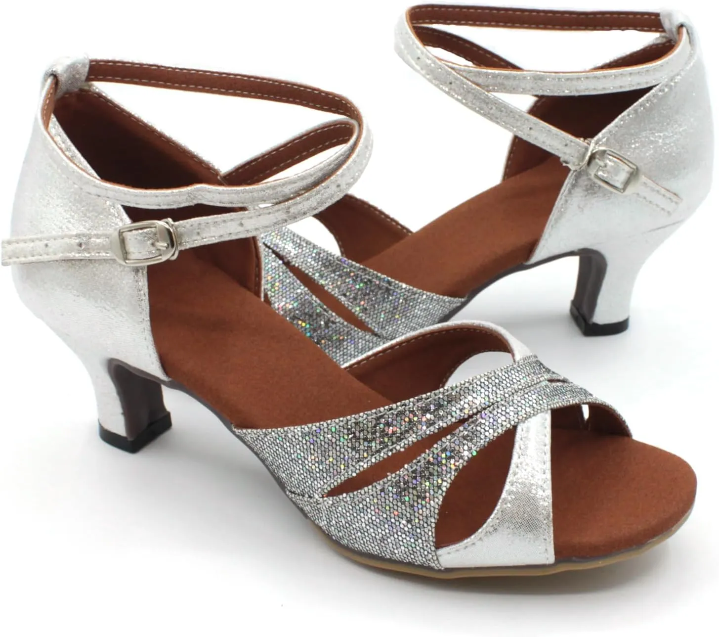 Dance Shoes Women Durable Glitter Ballroom Shoes with Cross Strap