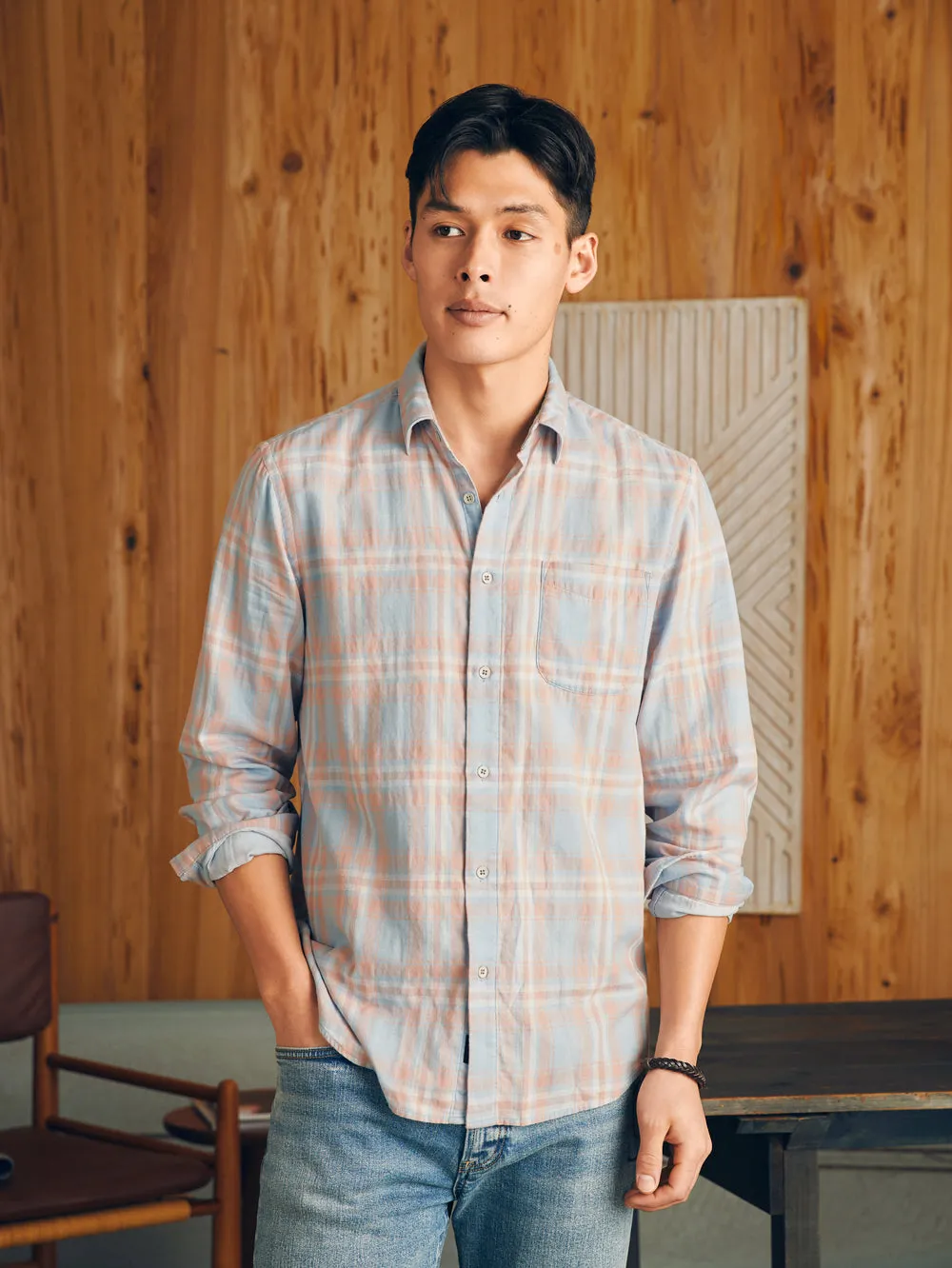 Faherty Sunwashed Chambray Shirt in Coral Bay Plaid