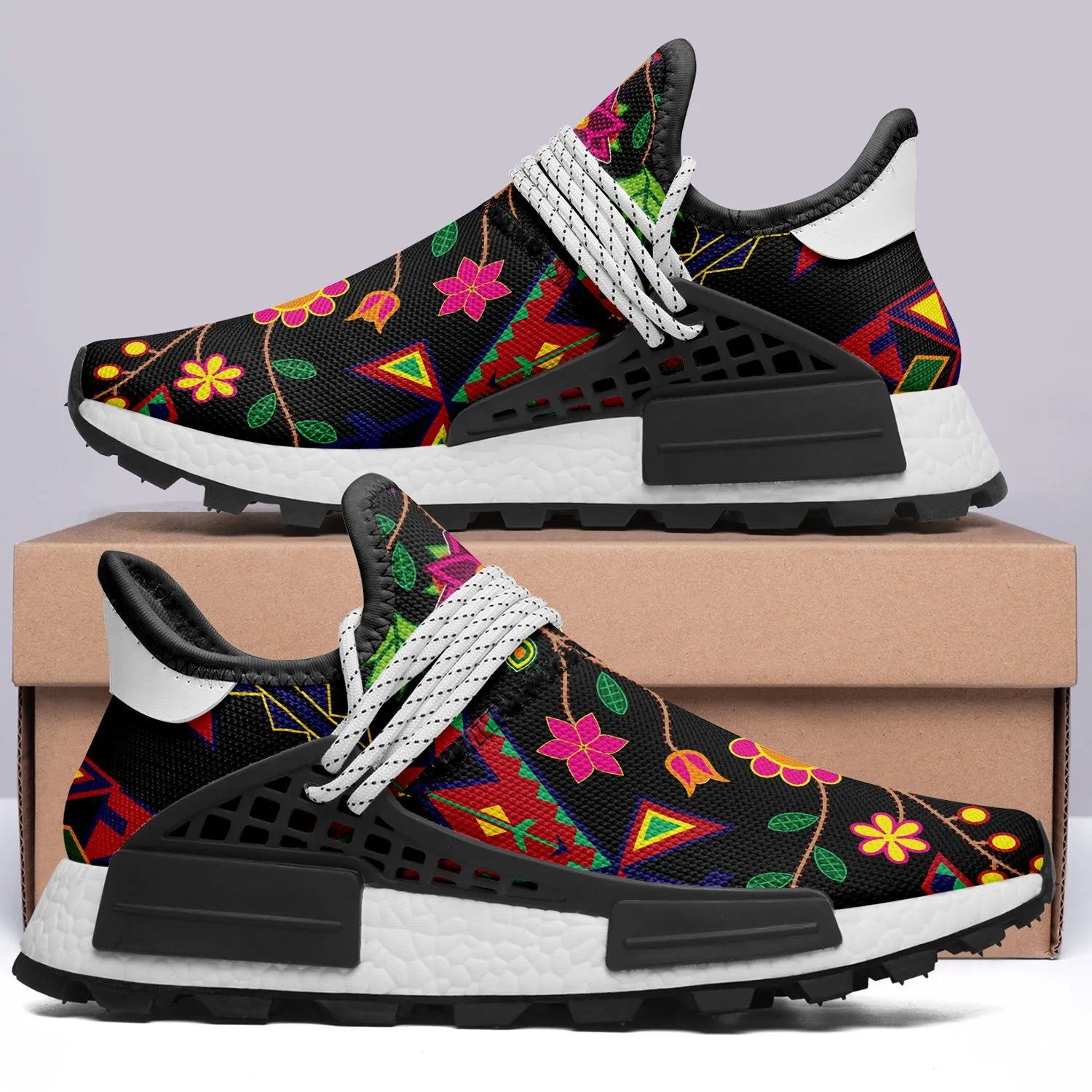 Geometric Floral Spring Black Okaki Sneakers