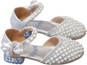 Girls Closed Toe Sandals Low Heel Sparkly Dress Pump Ankle Strap Bow Pearl Wedding Dance Shoes for Little Kid/Big Kid