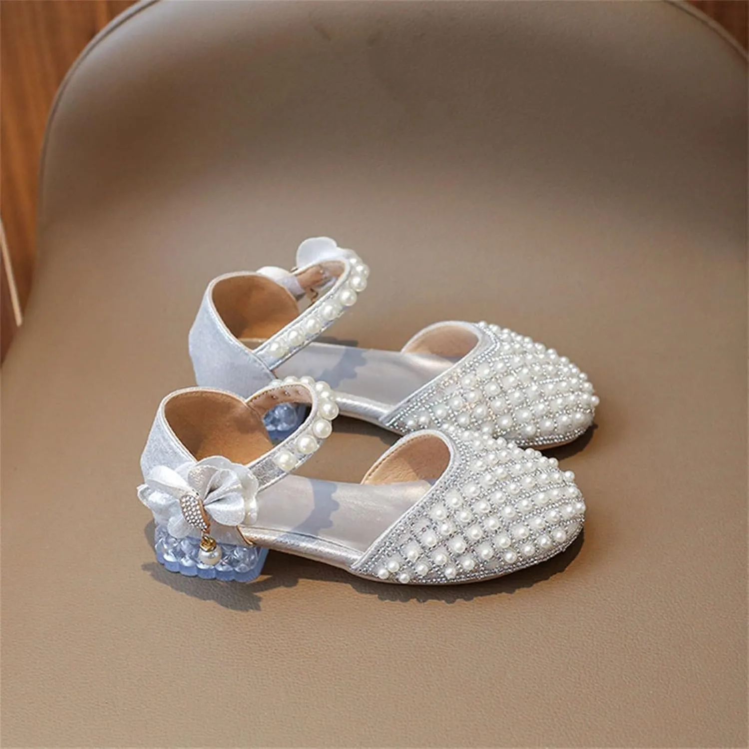 Girls Closed Toe Sandals Low Heel Sparkly Dress Pump Ankle Strap Bow Pearl Wedding Dance Shoes for Little Kid/Big Kid
