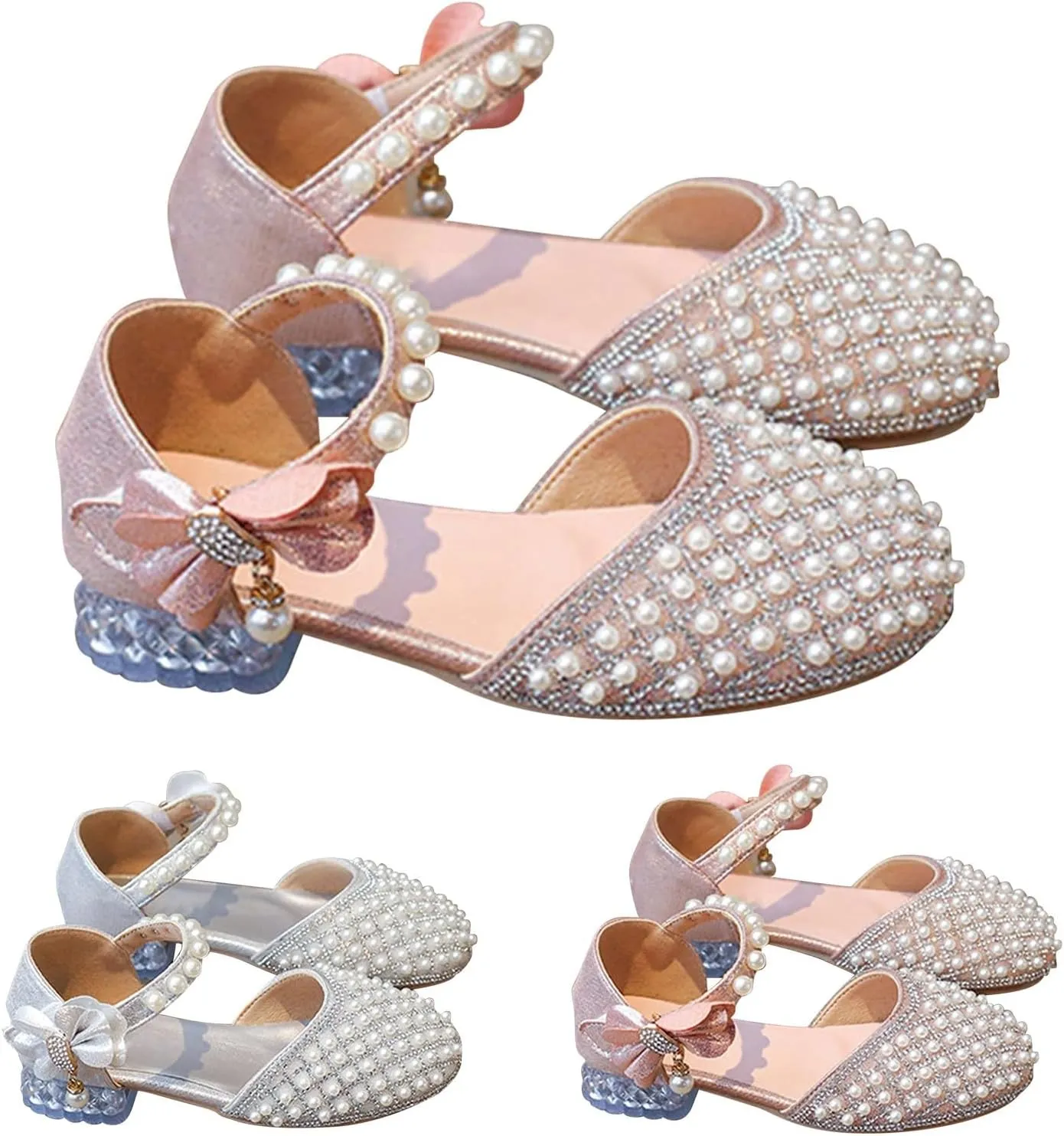 Girls Closed Toe Sandals Low Heel Sparkly Dress Pump Ankle Strap Bow Pearl Wedding Dance Shoes for Little Kid/Big Kid