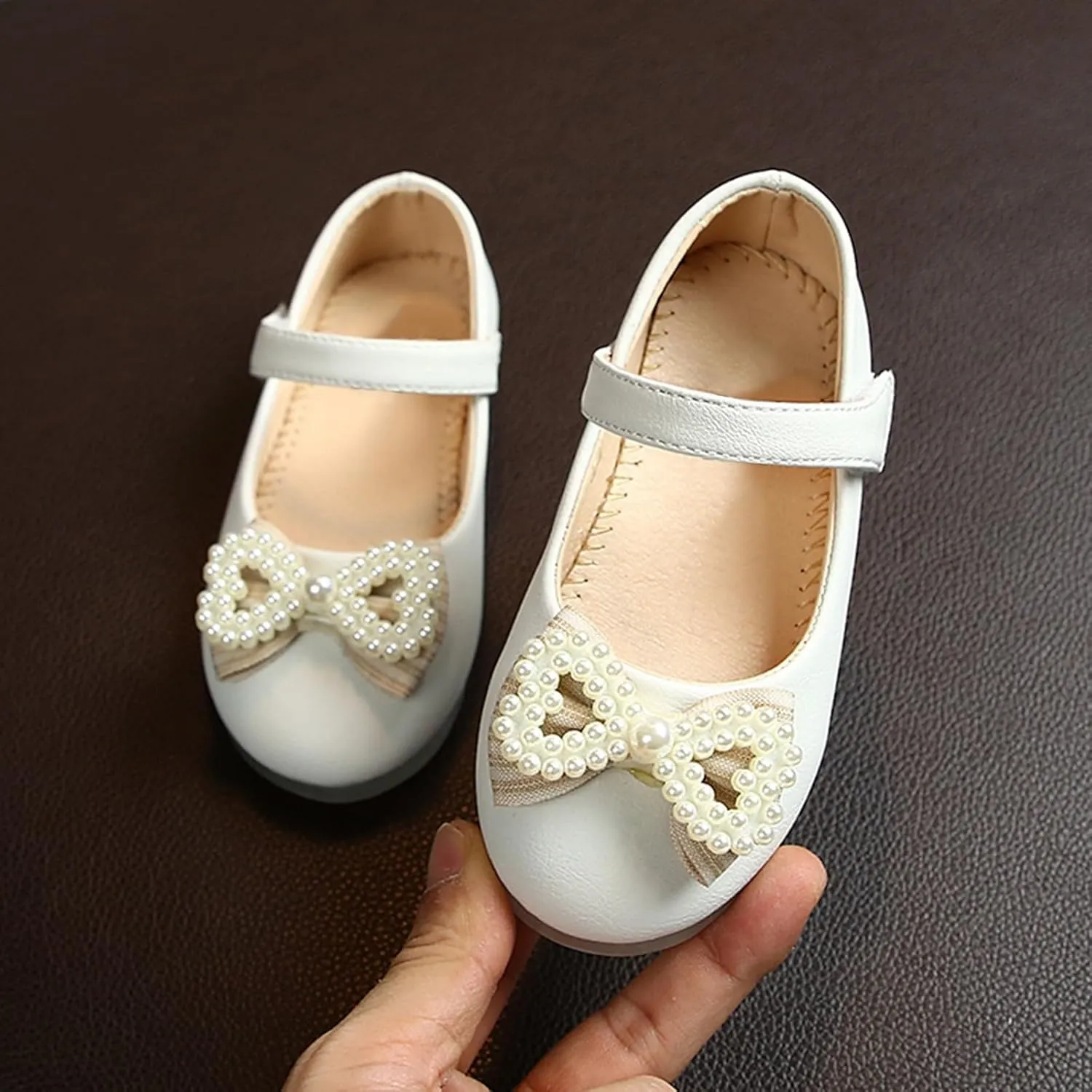 Girls Cute Sandals Pearl Bow Knot Leather Soft Closed Toe Mary Jane Shoes Toddler Ankle Wedding Princess Shoes