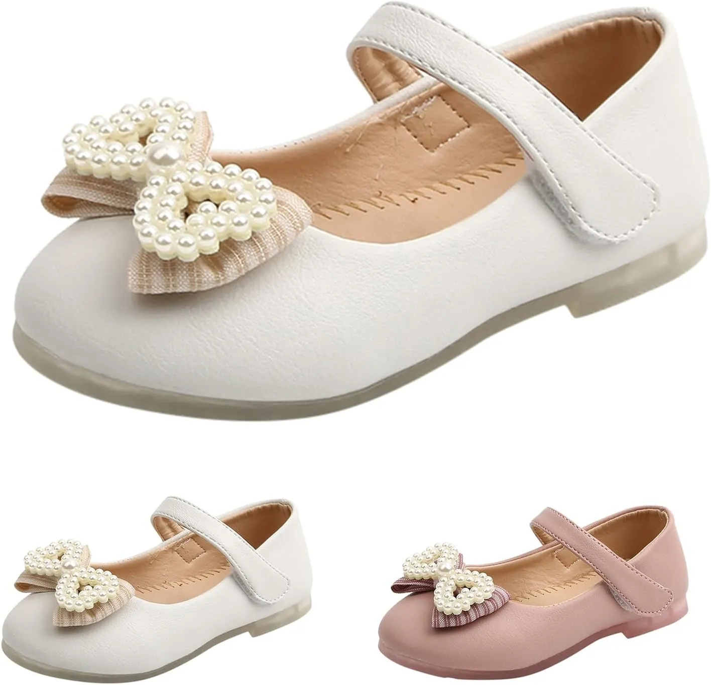 Girls Cute Sandals Pearl Bow Knot Leather Soft Closed Toe Mary Jane Shoes Toddler Ankle Wedding Princess Shoes