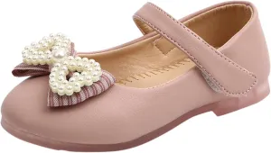 Girls Cute Sandals Pearl Bow Knot Leather Soft Closed Toe Mary Jane Shoes Toddler Ankle Wedding Princess Shoes