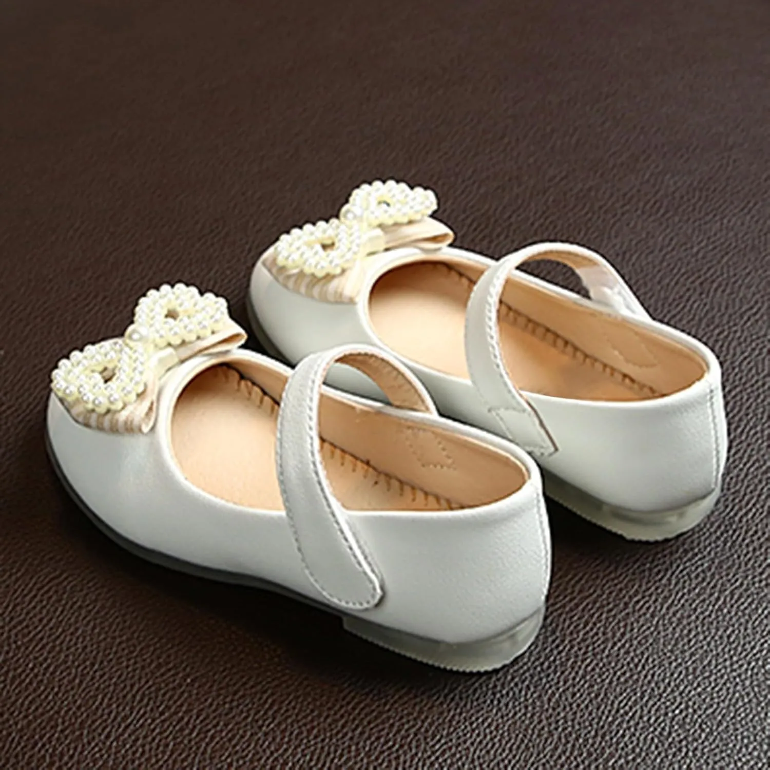 Girls Cute Sandals Pearl Bow Knot Leather Soft Closed Toe Mary Jane Shoes Toddler Ankle Wedding Princess Shoes