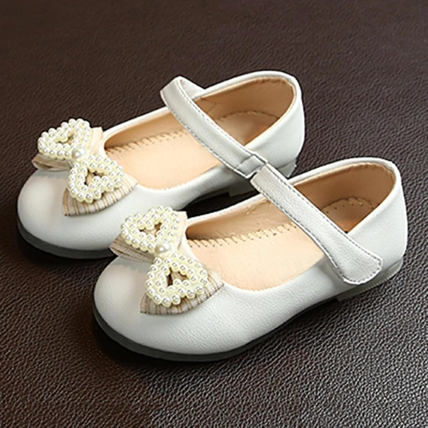 Girls Cute Sandals Pearl Bow Knot Leather Soft Closed Toe Mary Jane Shoes Toddler Ankle Wedding Princess Shoes
