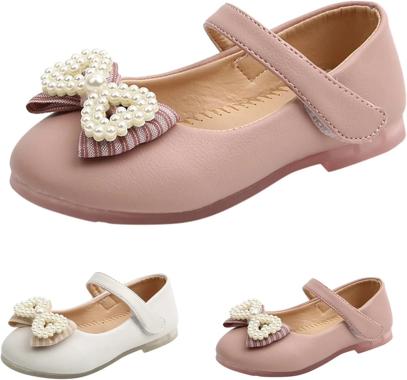 Girls Cute Sandals Pearl Bow Knot Leather Soft Closed Toe Mary Jane Shoes Toddler Ankle Wedding Princess Shoes