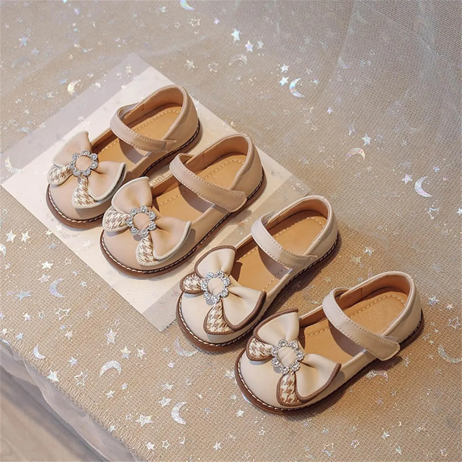 Girls Dress Leather Shoes Bow Rhinestone Princess Flats with Hook Loop for Kids Wedding Party Soft Sole Sandals